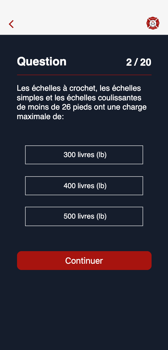 Capture d'écran de l'application Formation Pompier